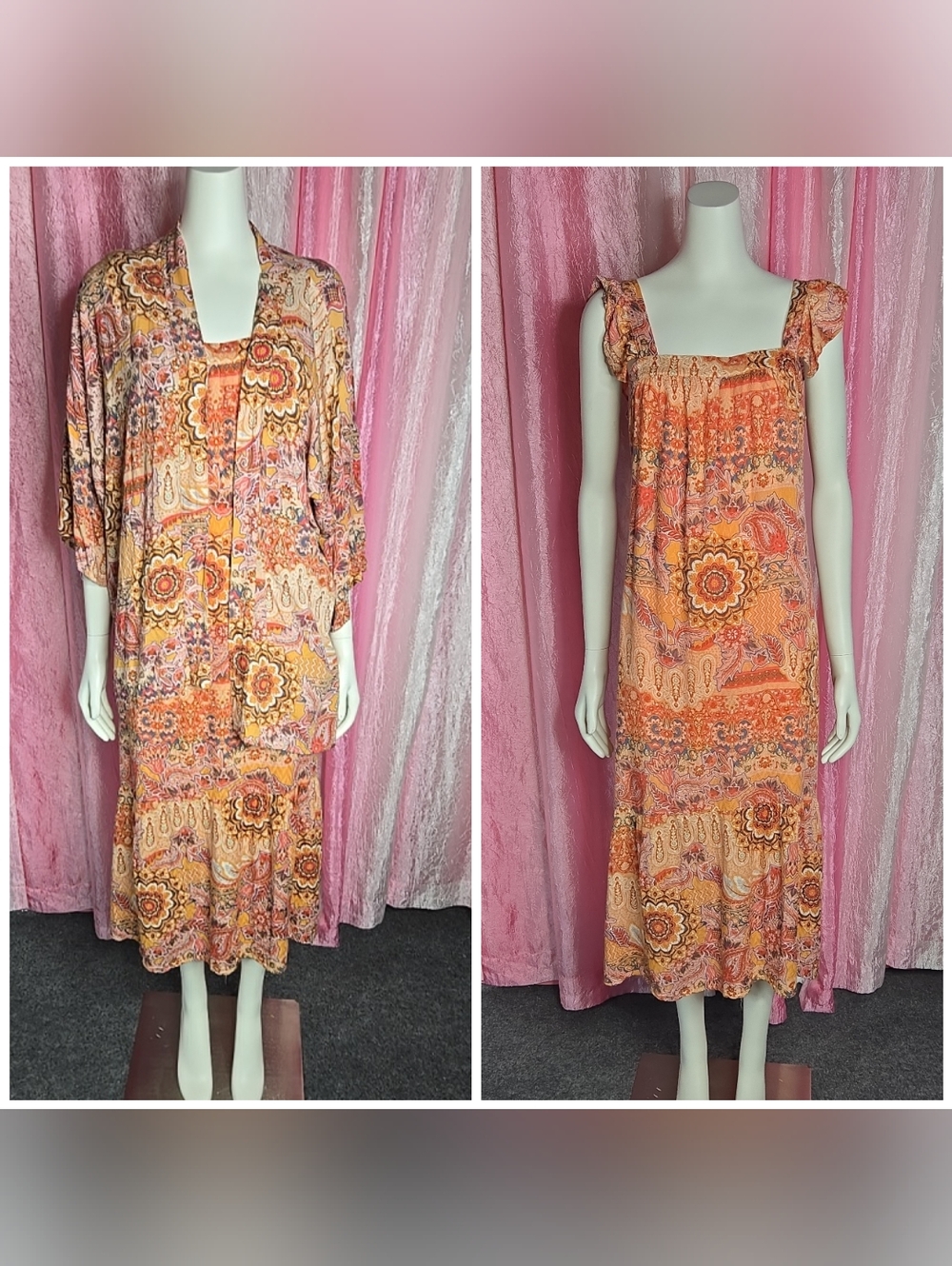 Knox Rose Colorful Floral Bohemian Maxi Lined Dress & Cardigan Size Medium
